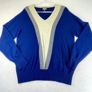 Vintage SNOW LOTUS Mens 44/L/XL Blue Multi Cashmere Fair Isle V-Neck Sweater